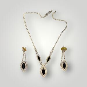 1950s 1960s Rhinestone Necklace Earrings Set Black Glass Teardrop Dangle